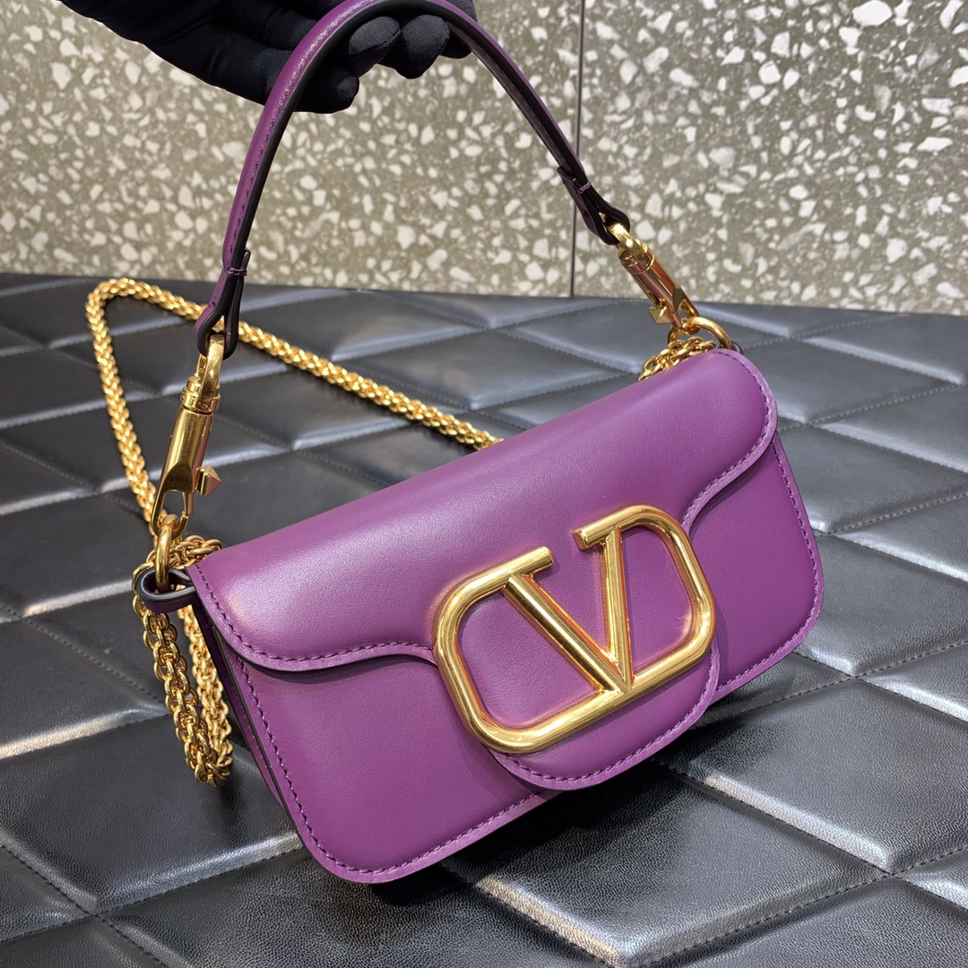 Valentino Garavani Loco Small Shoulder Bag in Purple Calfskin Leather 